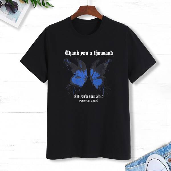 

Men Butterfly And Slogan Graphic Tee, Black