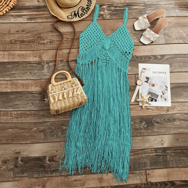 

Fringe Trim Crochet Cover Up, Mint blue