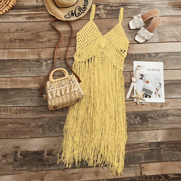 

Fringe Trim Crochet Cover Up, Yellow