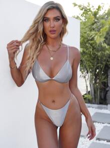 Bikini tipo tanga de triángulo satinado - Gris - Ver 3