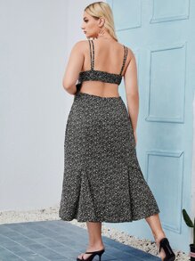 大碼斑點印花鏤空後吊帶裙 - 黑色 - 查看 2
