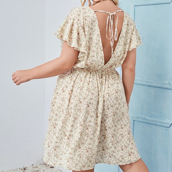 

Plus Ditsy Floral Butterfly Sleeve Backless Dress, Beige