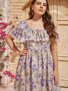 Mulvari 大碼滿版花卉拼接蕾絲連衣裙 - 彩色 - 查看 4