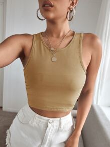 SHEIN EZwear Top tank corto tejido de canalé unicolor - Caqui - Ver 1
