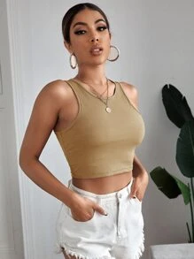SHEIN EZwear Top tank corto tejido de canalé unicolor - Caqui - Ver 5