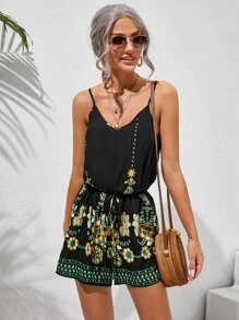 SHEIN Self Belted Floral Embroidery Cami Romper - Black - View 1