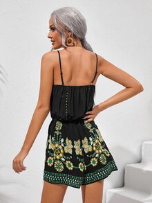 SHEIN Self Belted Floral Embroidery Cami Romper - Black - View 2