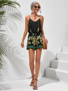 SHEIN Self Belted Floral Embroidery Cami Romper - Black - View 3