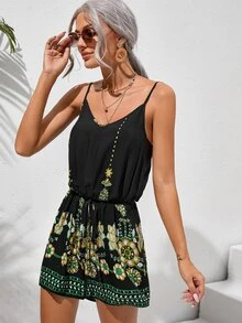 SHEIN Self Belted Floral Embroidery Cami Romper - Black - View 4