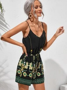 SHEIN Self Belted Floral Embroidery Cami Romper - Black - View 5