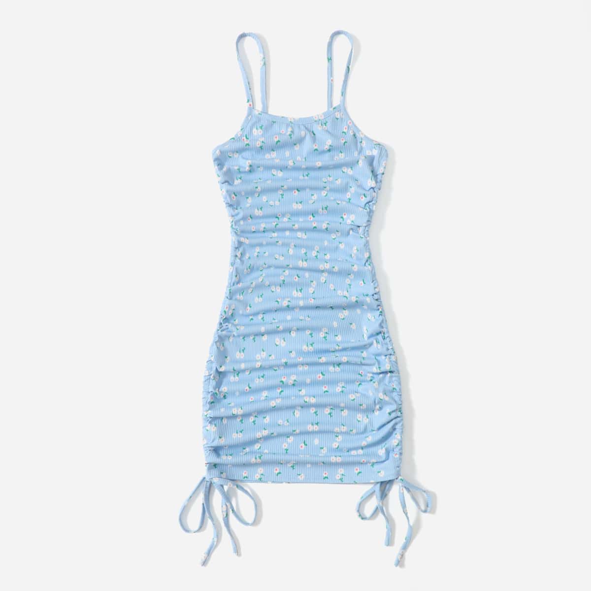 

Ditsy Floral Drawstring Ruched Dress, Baby blue