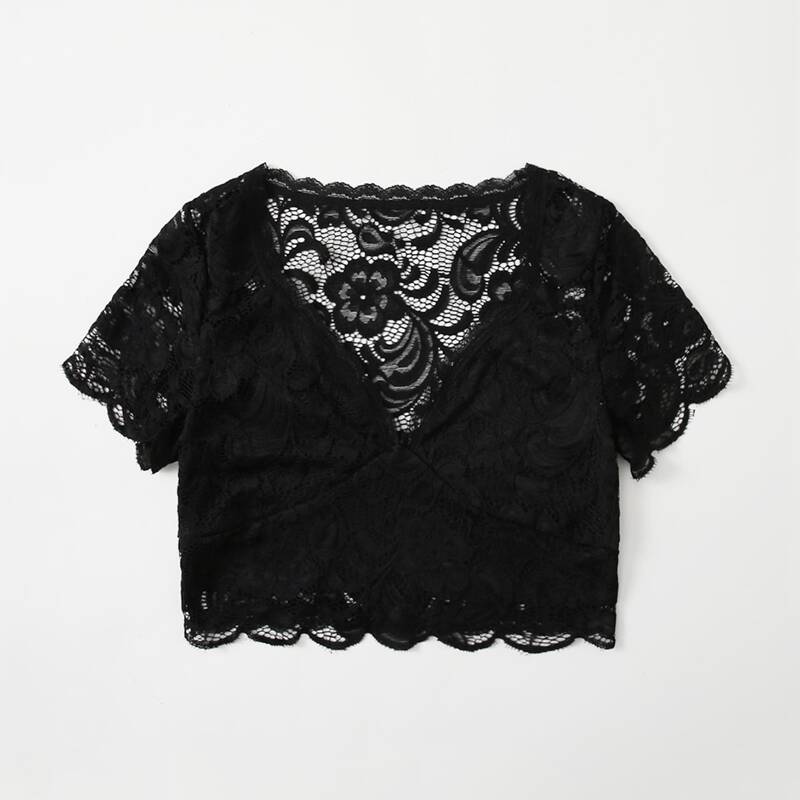 

Contrast Lace Crop Top, Black
