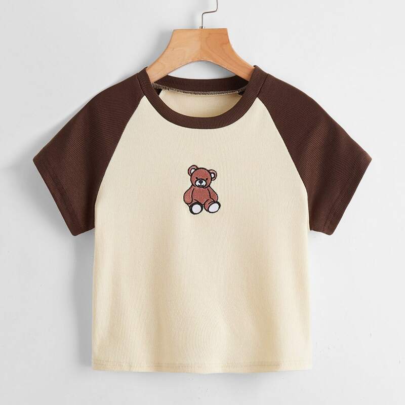 

Cartoon Bear Embroidery Ribbed Tee, Multicolor
