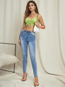 SHEIN Privé 皺摺抽繩結羅紋針織上衣 - 青檸色 - 查看 3