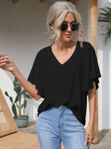 SHEIN LUNE Butterfly Sleeve Solid Tee - Black - View 1