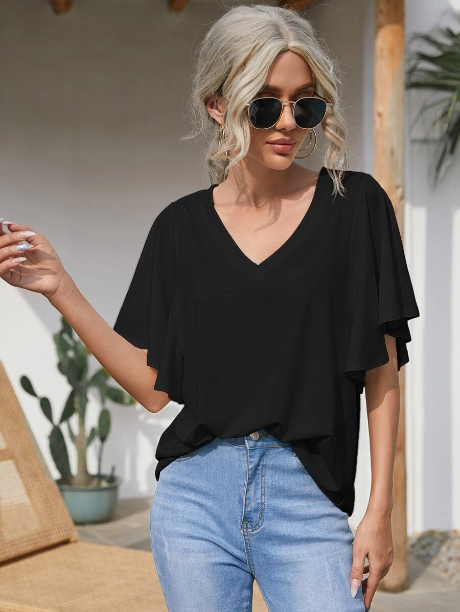 SHEIN LUNE Butterfly Sleeve Solid Tee - Black - View 1