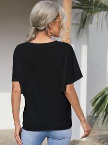 SHEIN LUNE Butterfly Sleeve Solid Tee - Black - View 2