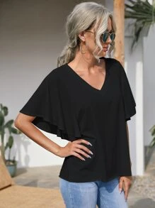 SHEIN LUNE Butterfly Sleeve Solid Tee - Black - View 3