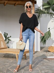 SHEIN LUNE Butterfly Sleeve Solid Tee - Black - View 4