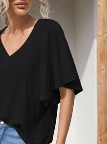 SHEIN LUNE Butterfly Sleeve Solid Tee - Black - View 5