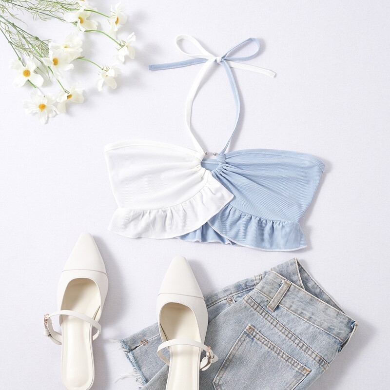 

Colorblock Ruffle Hem Ring Decor Ribbed Halter Top, Blue and white