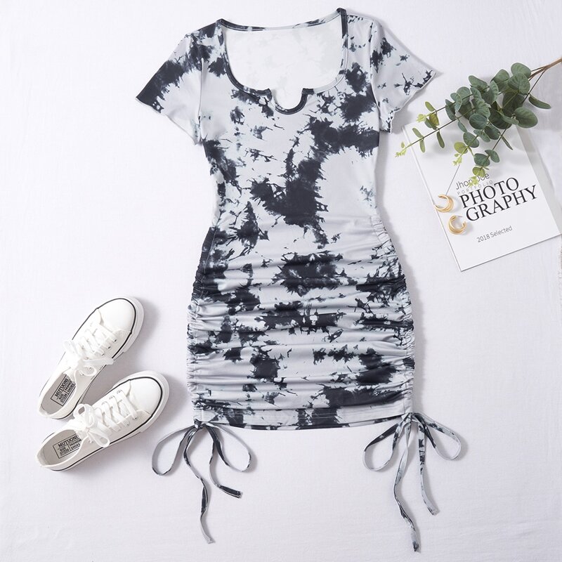 

Tie Dye Drawstring Ruched Dress, Multicolor