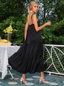 Knot Straps Button Front Ruffle Hem Cami Dress - Black - View 2