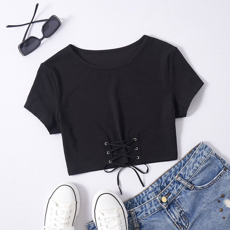 

Solid Lace Up Ribbed Tee, Black