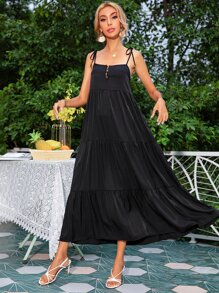 Knot Straps Button Front Ruffle Hem Cami Dress - Black - View 3