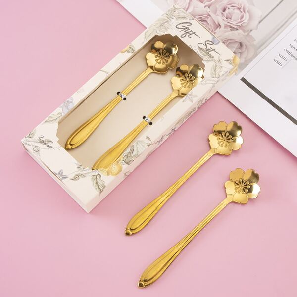 

2pcs Flower Design Spoon & 1pc Box, Gold