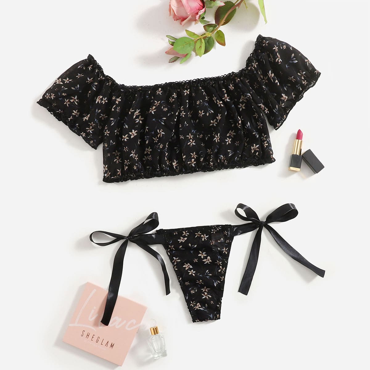

Floral Print Chiffon Lingerie Set, Black