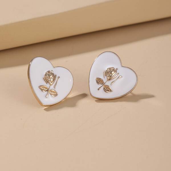 

Flower Decor Heart Stud Earrings, Gold