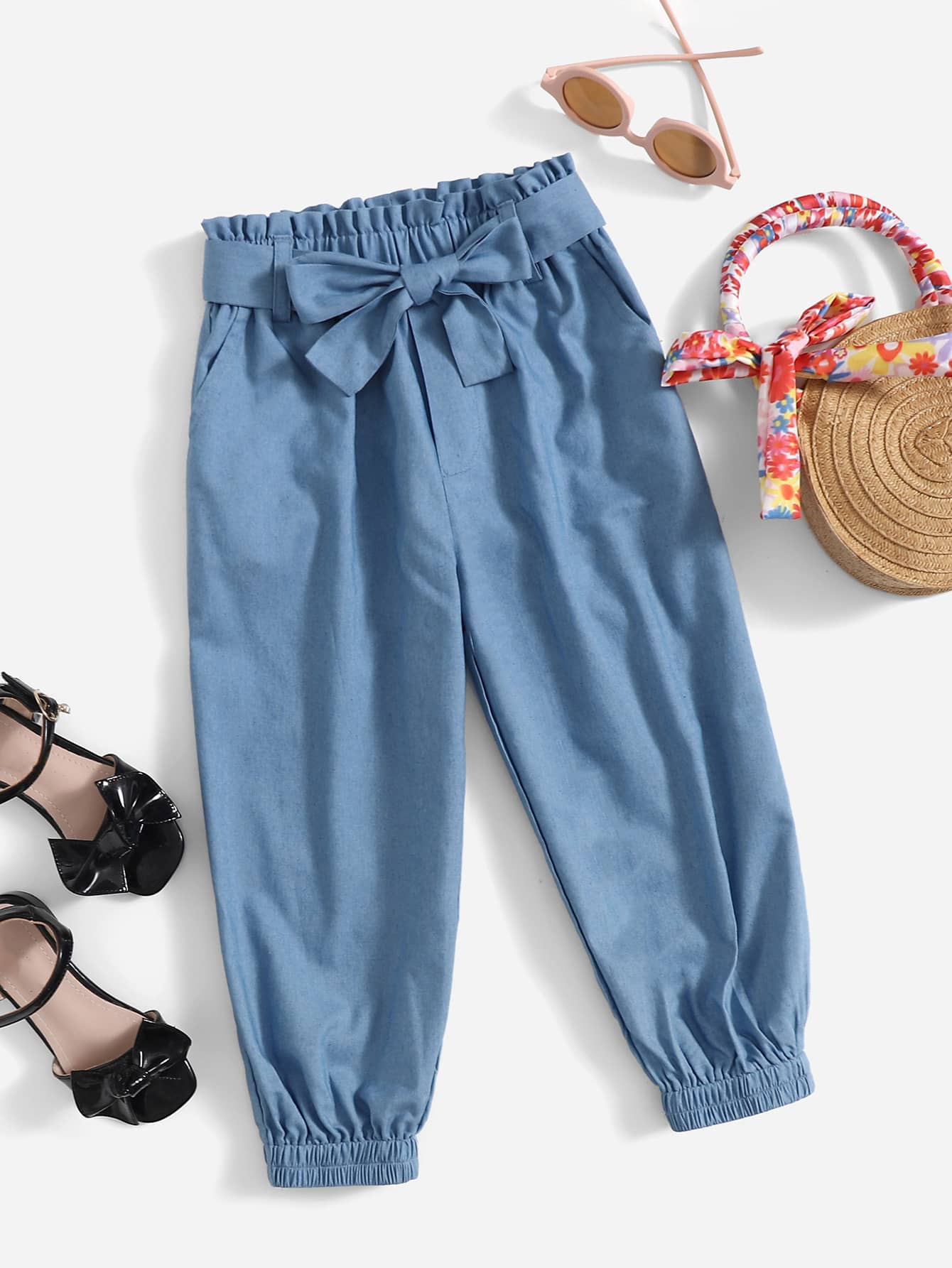 小女童紙袋腰腰帶束腳牛仔褲 - 中等水洗藍 - 查看 1