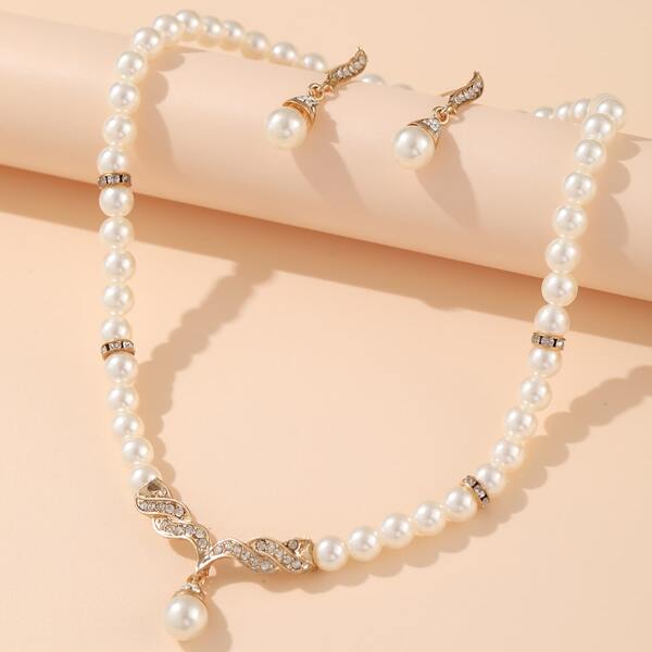 

3pcs Faux Pearl Beaded Jewelry Set, White