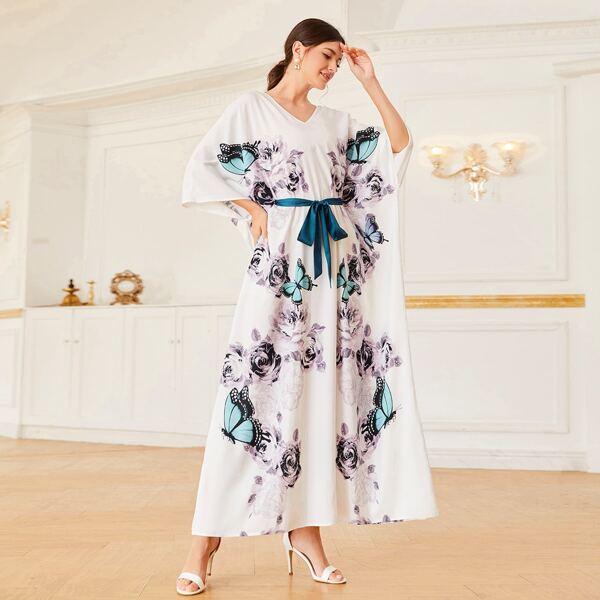

V-neck Floral Print Self Belted Kaftan, Multicolor