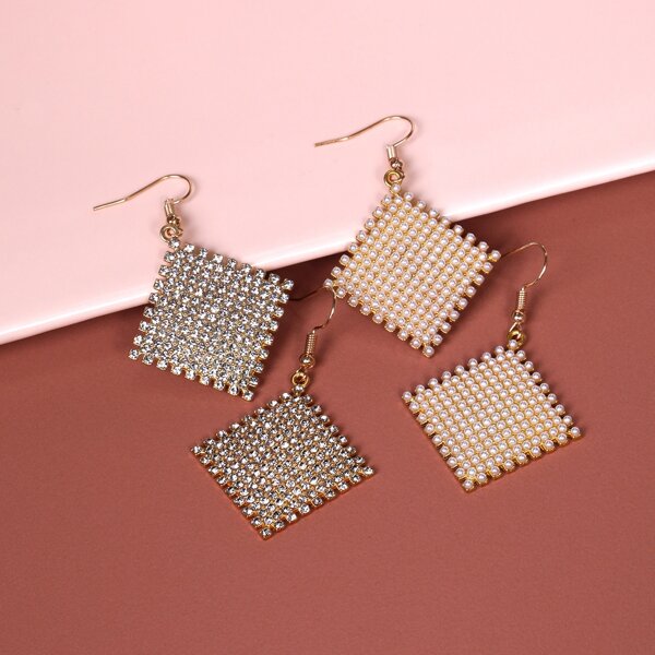 

2pairs Square Design Earrings, Gold