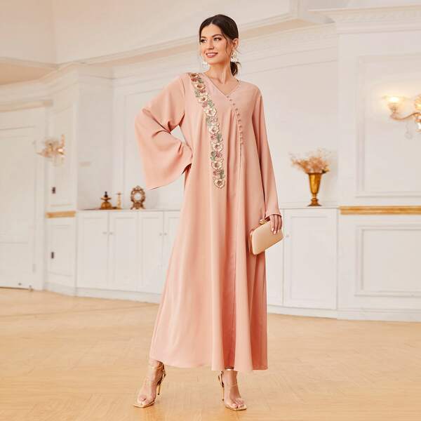 

Floral Embroidered Applique Bell Sleeve Button Front Dress, Coral pink