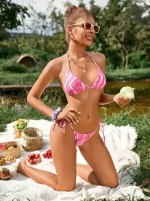 Summer Wave Print Triangle Thong Bikini - Multicolor - View 1