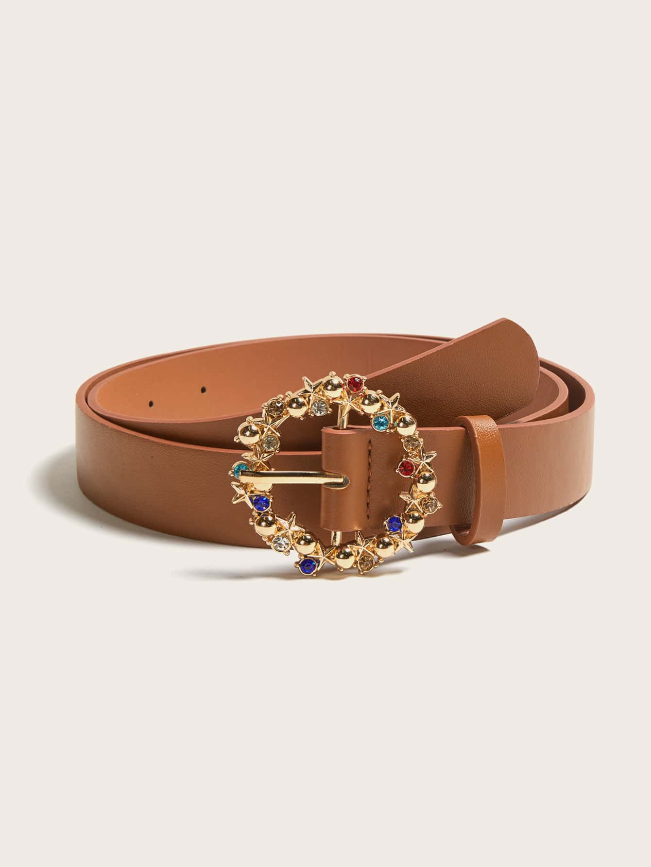 水鑽和星星裝飾扣飾皮帶 - 棕色 - 查看 1