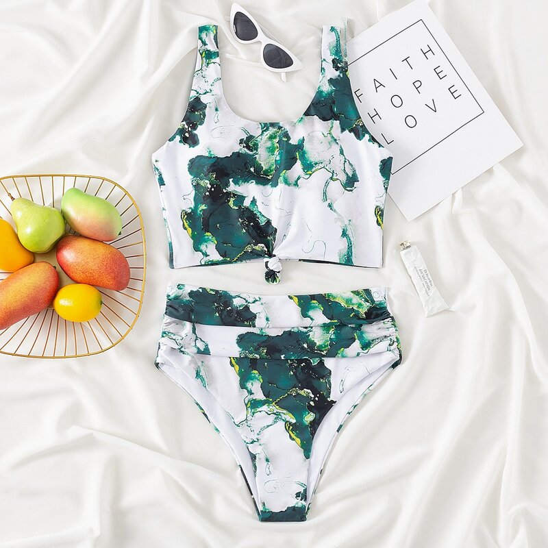 

Marble Print Knot Hem Ruched Bikini Swimsuit, Multicolor