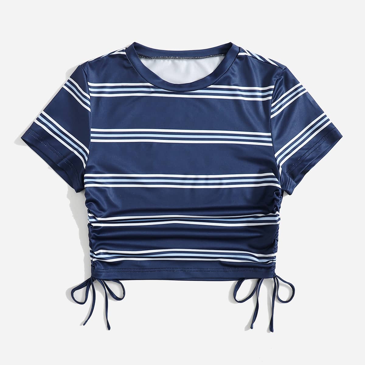 

Striped Drawstring Ruched Tee, Blue