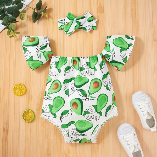 

Baby Girl Lace Trim Avocado Bodysuit & Headband, Multicolor