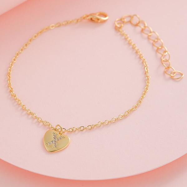 

Girls Zircon Letter Decor Heart Charm Bracelet, Gold