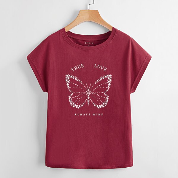 

Butterfly & Slogan Graphic Tee, Burgundy