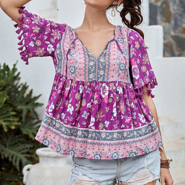 

Tie Neck Fringe Trim Floral Top, Multicolor