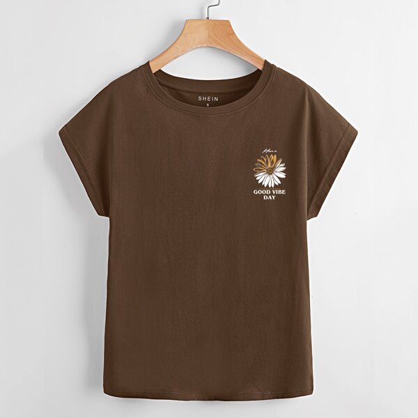 

Floral & Slogan Graphic Tee, Coffee brown