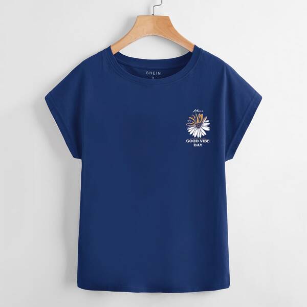 

Floral & Slogan Graphic Tee, Navy blue