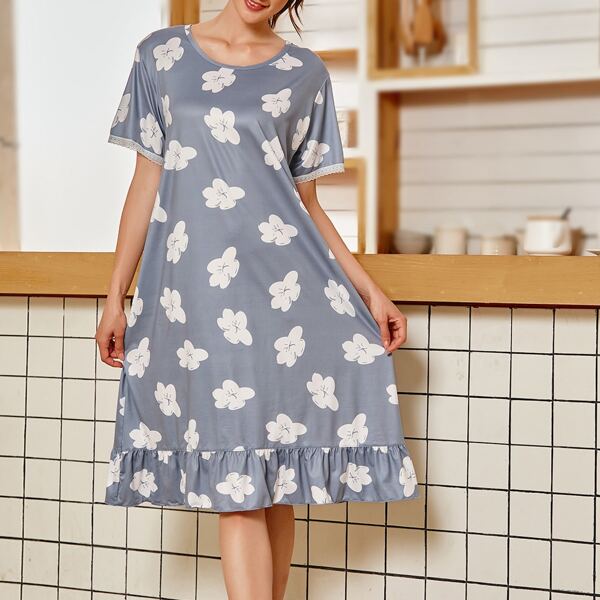

Allover Floral Ruffle Hem Night Dress, Dusty blue