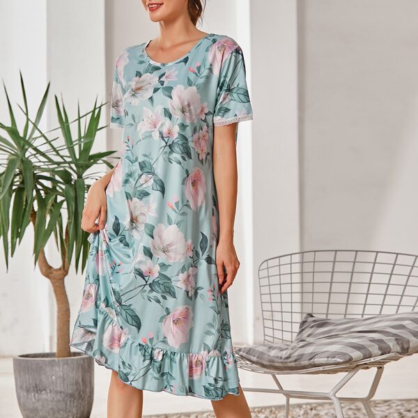 

Floral Print Ruffle Hem Nightdress, Mint blue