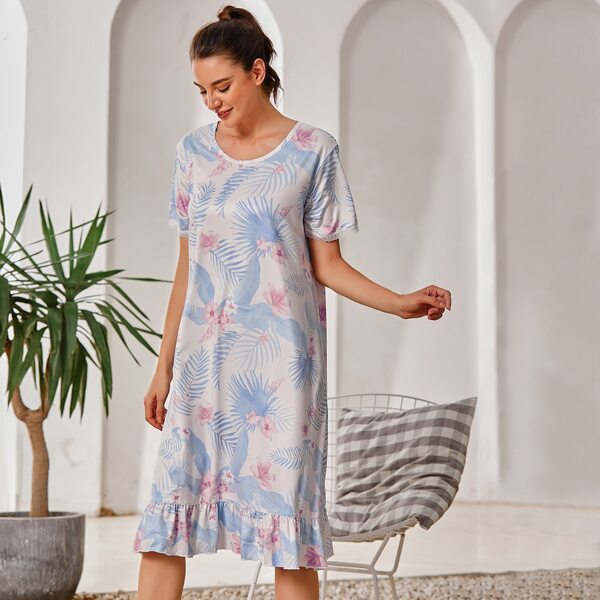 

Tropical Print Ruffle Hem Nightdress, Multicolor